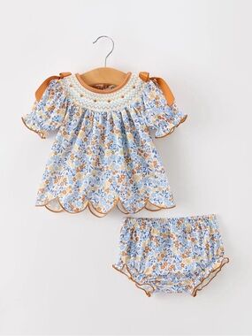 Girls Floral Smocked Matching Set in Blue and Orange